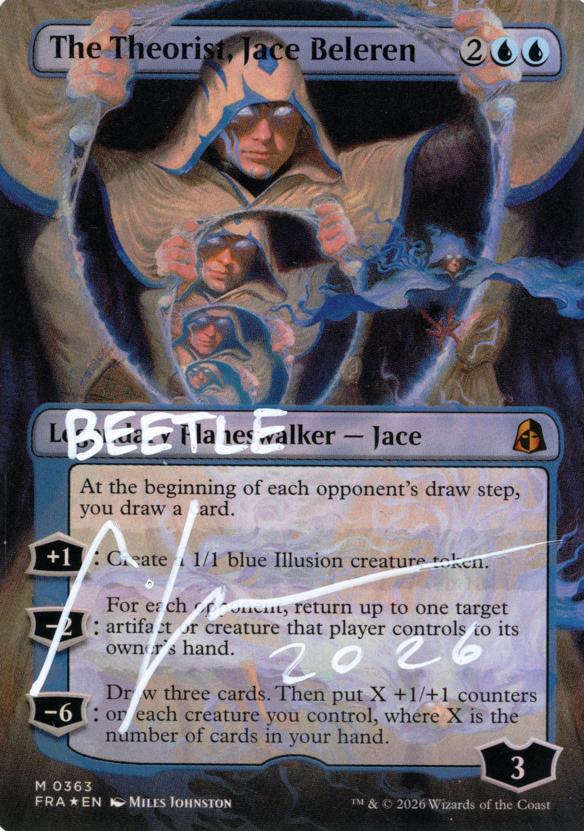 Foil front of The Theorist, Jace Beleren, marked Beetle and signed by Miles Johnston