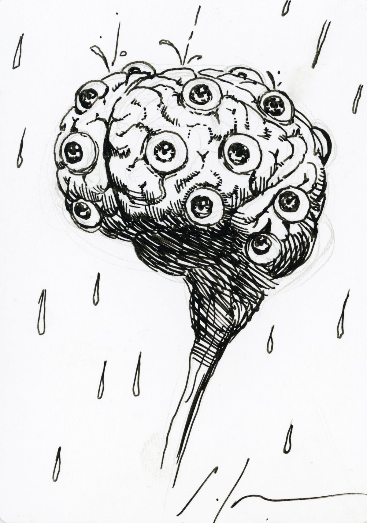 Brain Rain original drawing of a brain with eyes surrounded by raindrops