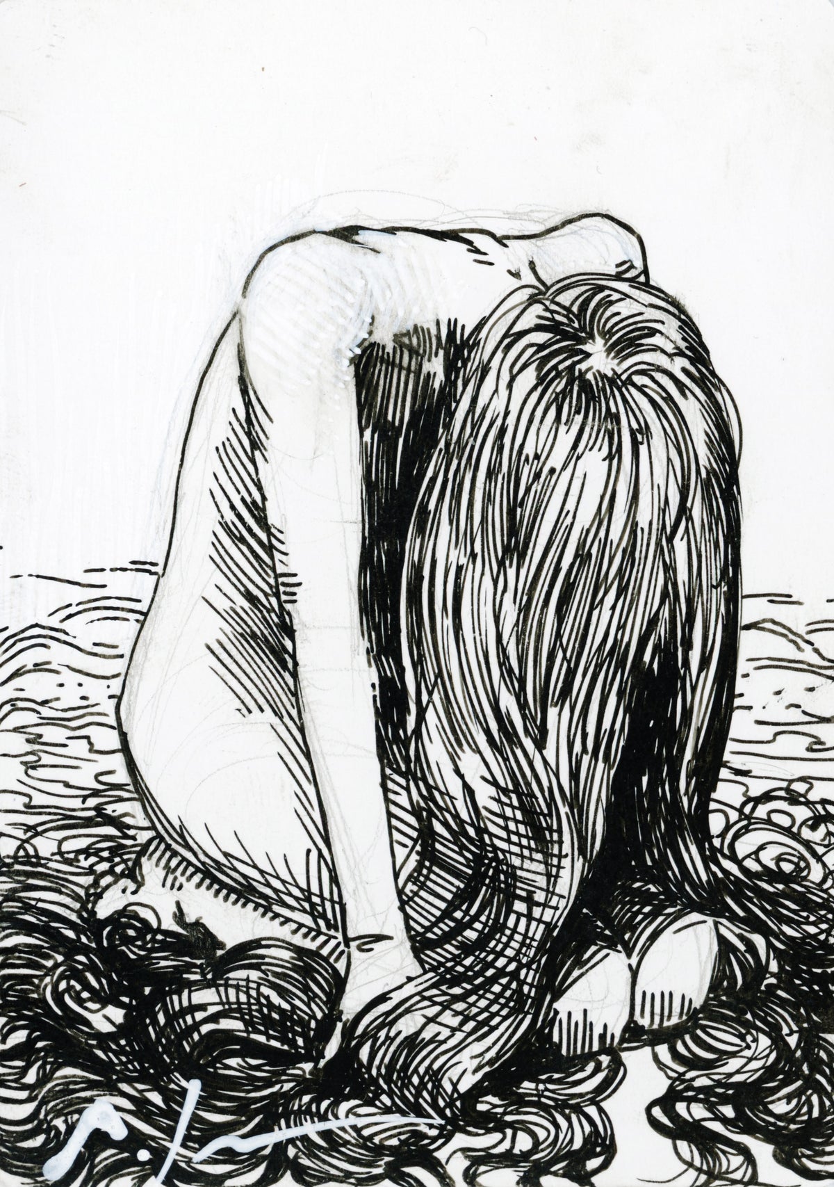 Hair original drawing of a seated figure with long hair covering their face and pooling around them