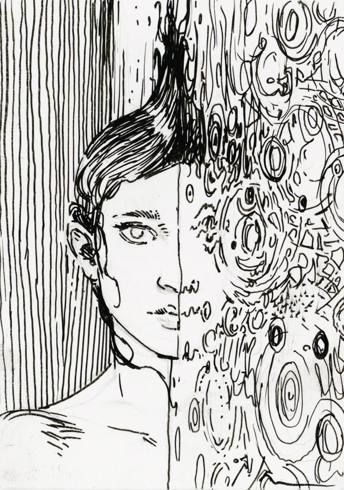 Mirror original drawing of a face divided between a portrait and distorted circular forms