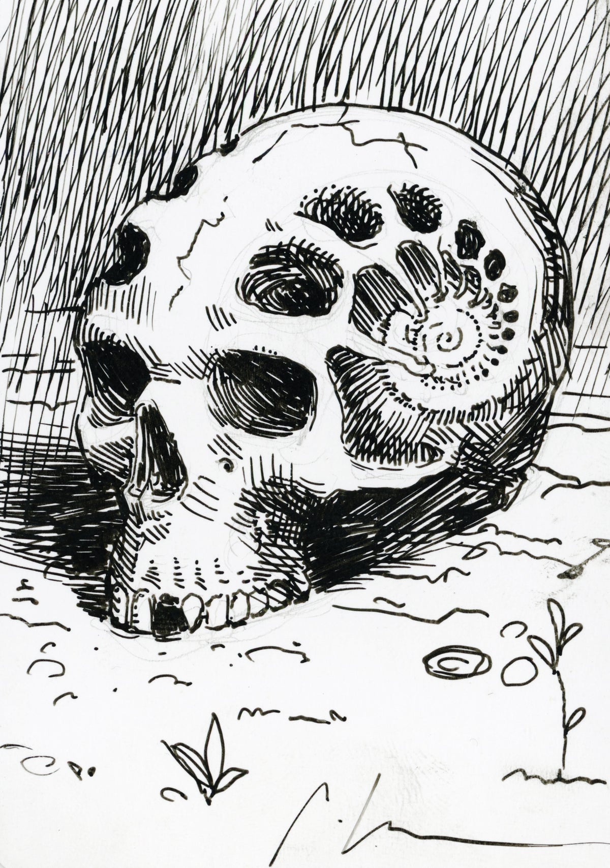 Spiral original drawing of a skull with repeating openings forming a spiral